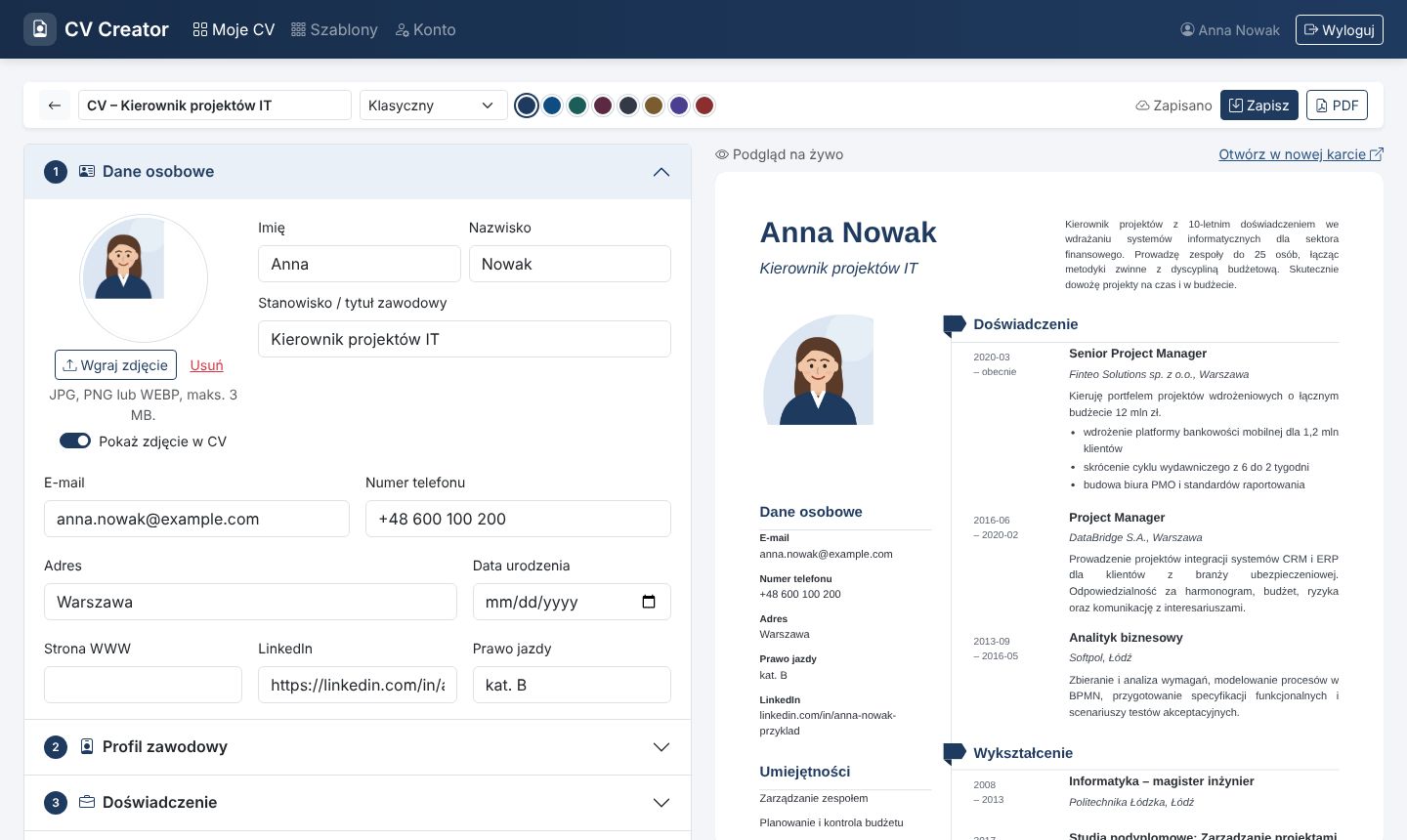 Uzupełnij CV w kreatorze Kreator CV z formularzem i podglądem CV na żywo