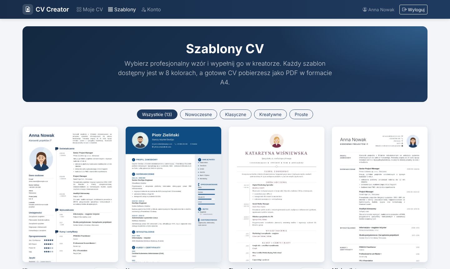 Wybierz szablon CV Galeria szablonów CV w kreatorze CV online