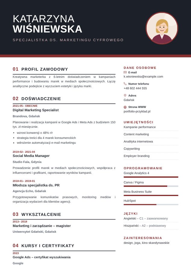 Szablon CV Wyrazisty – przykładowe CV wypełnione w kreatorze