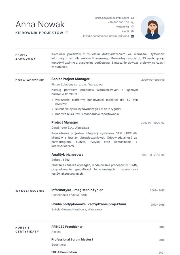 Wzór CV „Minimalistyczny” Szablon CV Minimalistyczny – przykładowe CV wypełnione w kreatorze