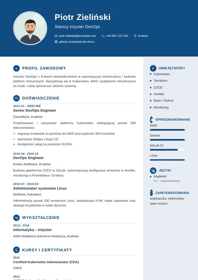 Szablon CV Nowoczesny – przykładowe CV wypełnione w kreatorze